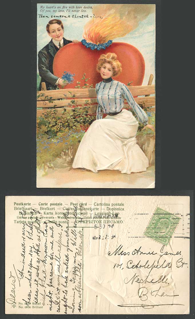 Glamour Lady Woman My heart's on Fire with Keen Desire My Love 1903 Old Postcard