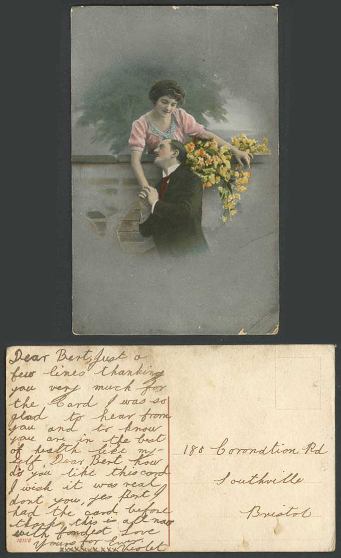 Glamour Lady Woman Man Holding Hands at Wall Romance Yellow Flowers Old Postcard