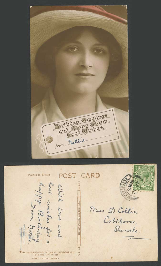 Actress Miss Gladys Cooper Birthday Greetings 1915 Old Hand-Painted RP Postcard