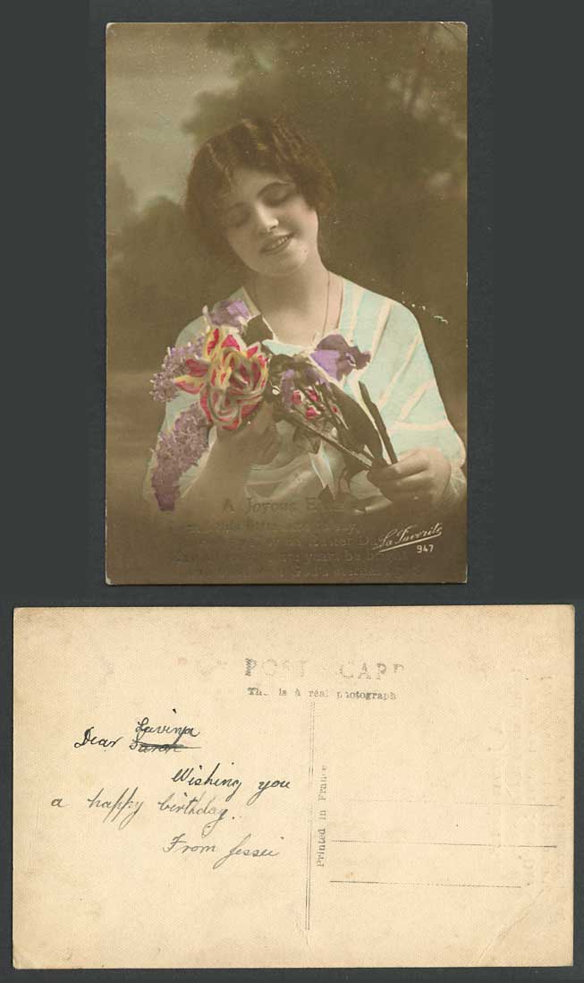 Glamour Lady Woman with Flowers, Joyous Easter Greetings Old Real Photo Postcard