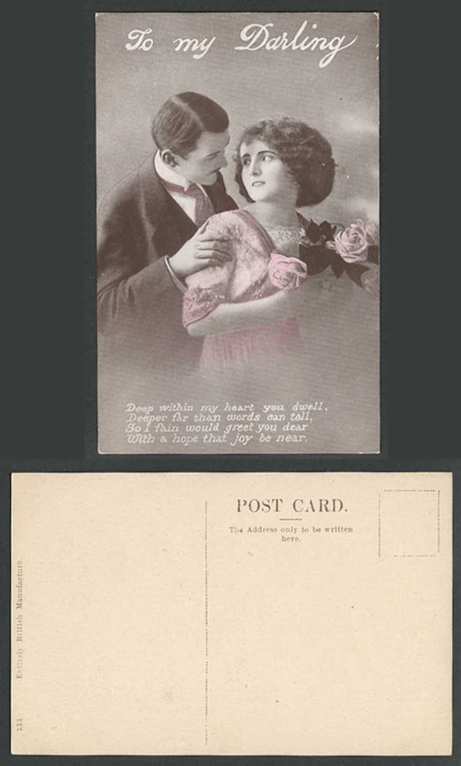 Glamour Lady Woman Man To My Darling Roses Flowers Romance Joy Near Old Postcard
