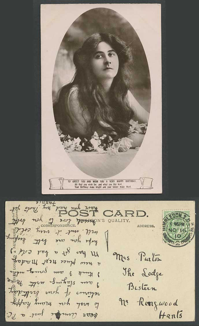 Actress Woman Lady Flowers 1910 Old Real Photo Postcard Happy Birthday Greetings