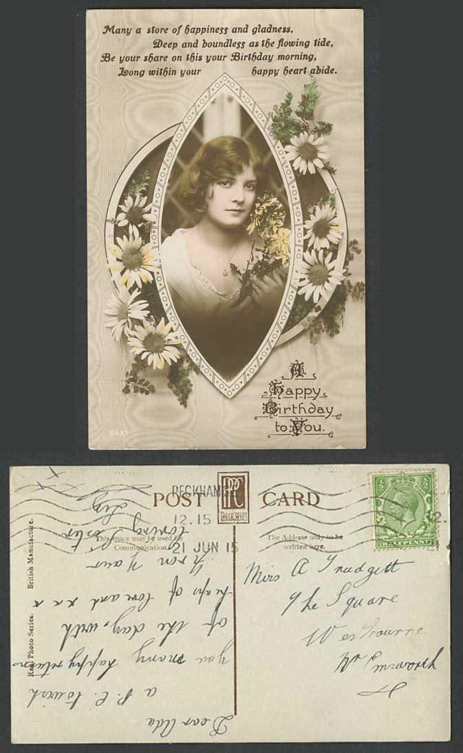 Glamour Lady Woman Actress, Daisy Flowers Happy Birthday Old Real Photo Postcard