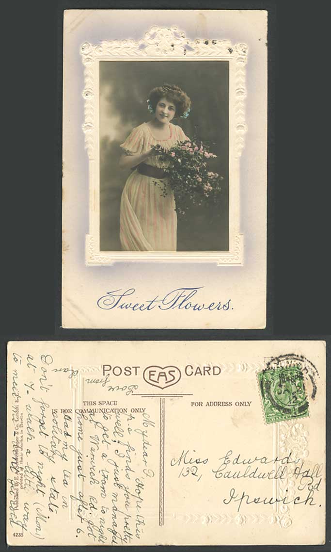 Glamour Lady Woman Girl with Sweet Flowers 1912 Old Embossed Real Photo Postcard
