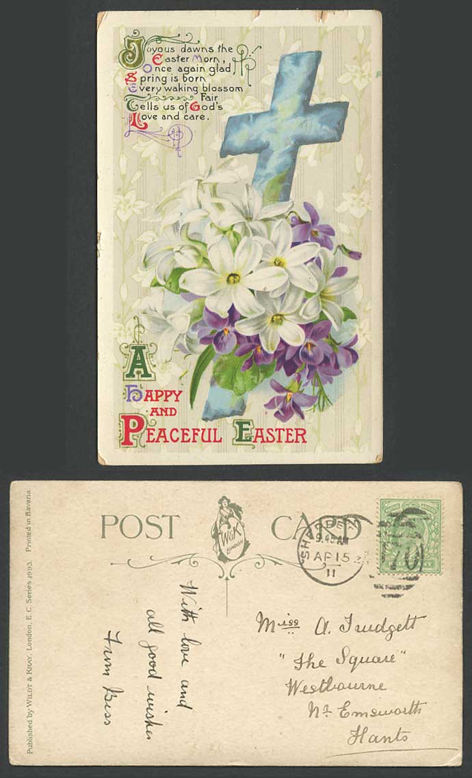 A Happy and Peaceful Easter Greetings Cross & Flowers KE7 1/2d 1911 Old Postcard