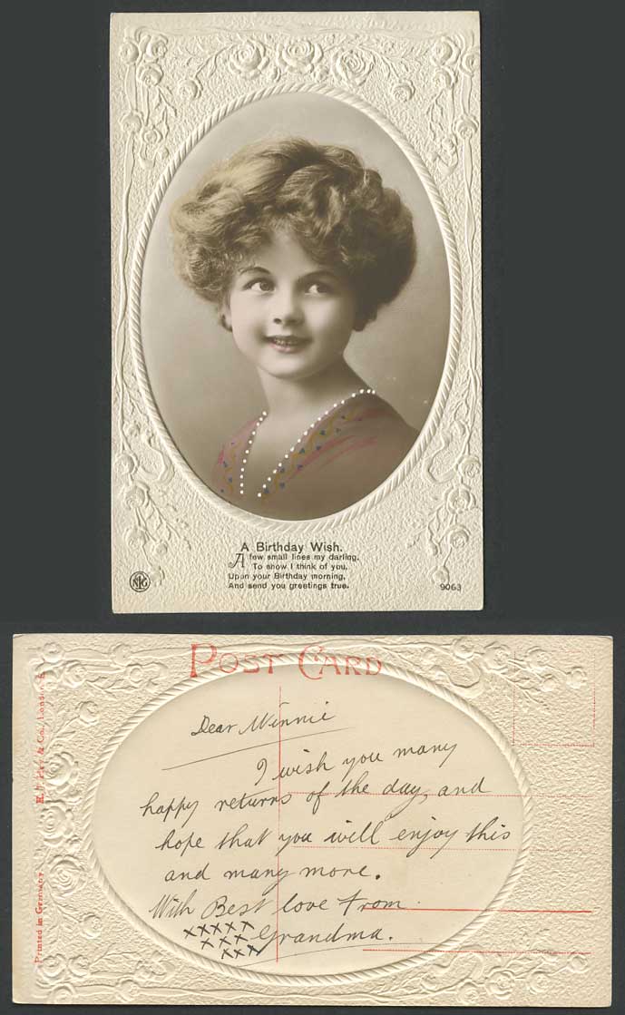 Beautiful Little Girl Embossed Rose Flower Old Hand-Coloured Real Photo Postcard