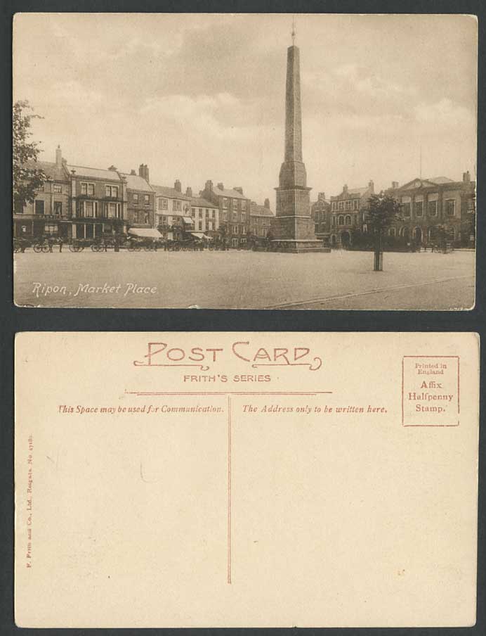 Yorkshire RIPON Old Postcard MARKET PLACE Monument Barwick Street Horses & Carts