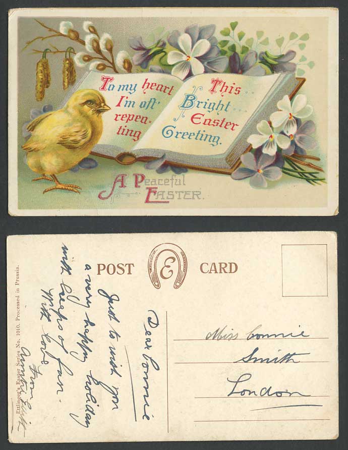 A Peaceful Easter Greetings Chick Bird Flowers Book Bright Greeting Old Postcard