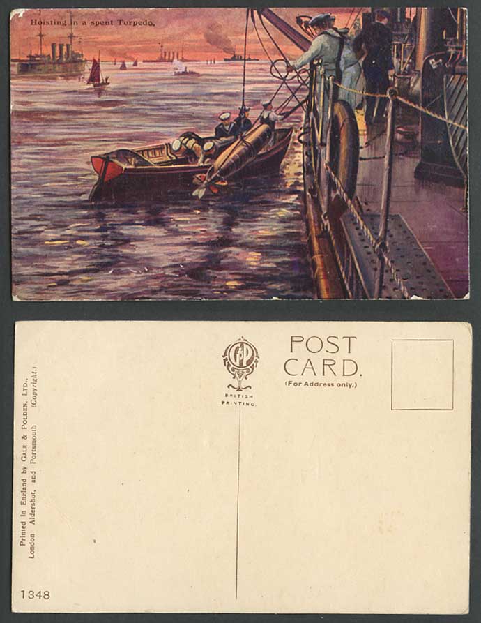 Military Vessel Hoisting in a Spent Torpedo Navy Marine Battleships Old Postcard