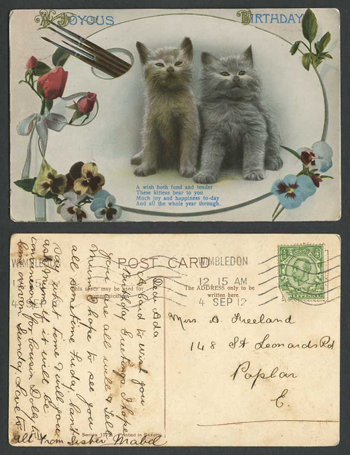 Cats Kitten A Joyous Birthday Greeting Rose Pansy Flower Easel 1912 Old Postcard