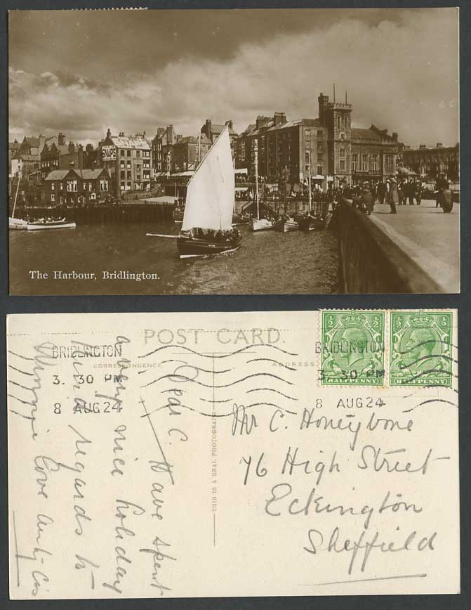 Bridlington The Harbour Sailing Boats, SNAPS 1924 Old Real Photo Postcard Yorks.