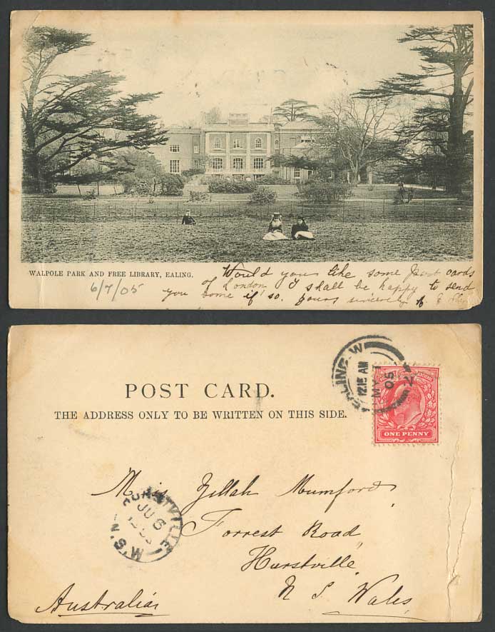 London Walpole Park Free Library, Ealing KE7 1d 1905 Old Postcard Hurstville MSW
