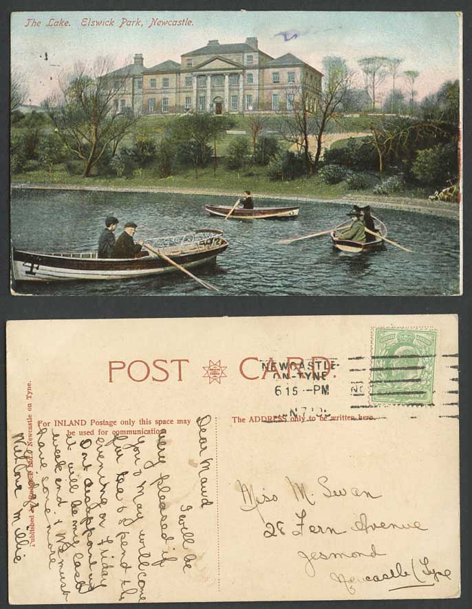 Newcastle-on-Tyne THE LAKE Elswick Park Boats Boating 1906 Old Postcard Northumb