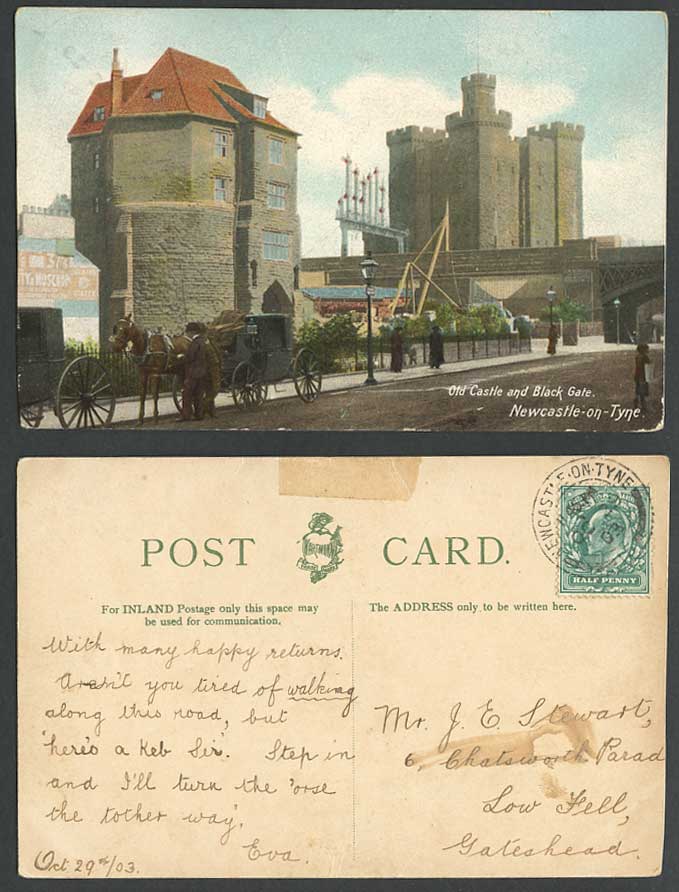 Newcastle-on-Tyne 1903 Old Postcard Old Castle Black Gate Street Scene Northumb.