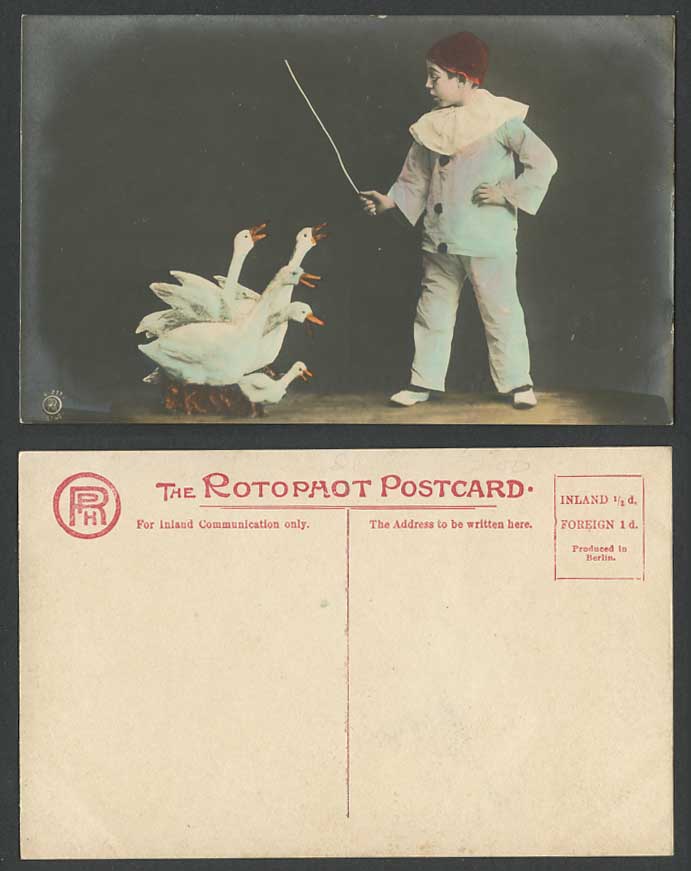 Little Boy Clown Training Geese Bird Goose Old Hand-Coloured Real Photo Postcard