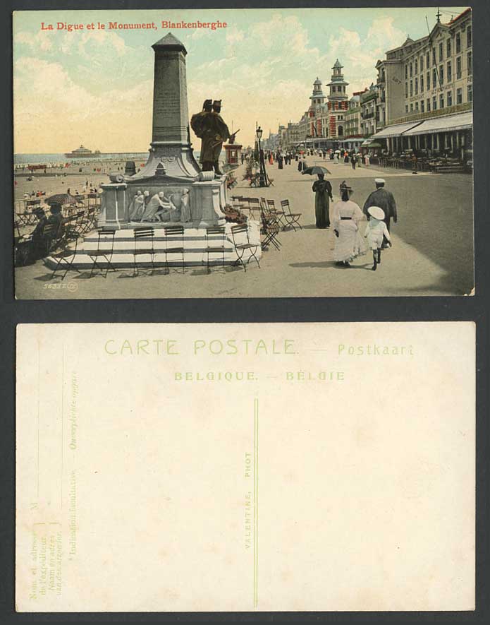 Blankenberghe Belgium Old Postcard La Digue et le Monument, Street Scene & Beach