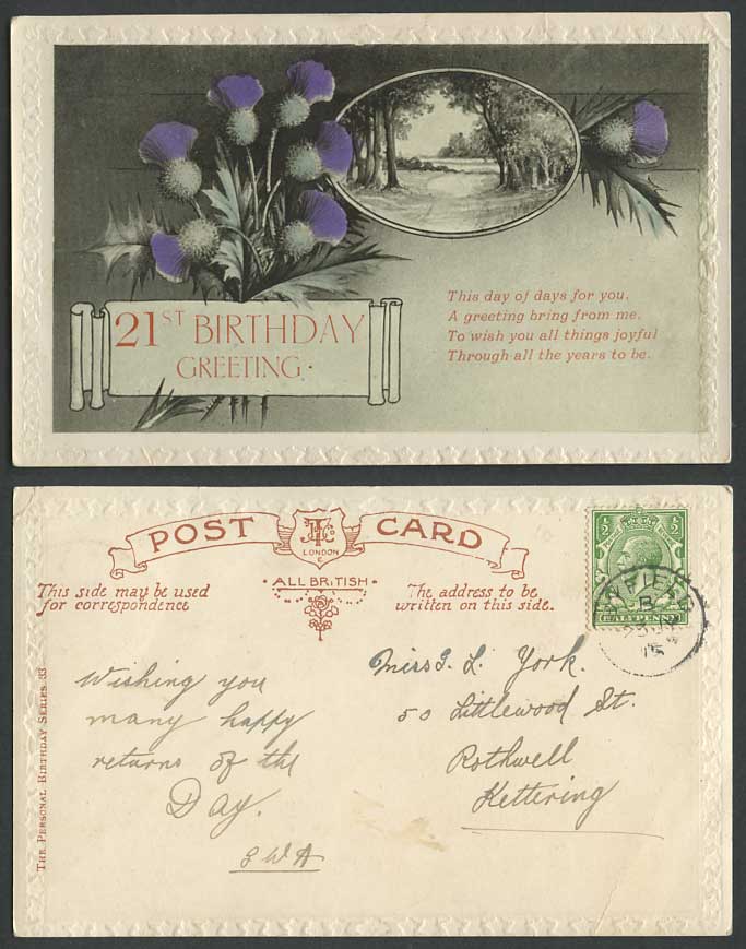 21st Birthday Greeting Thistle Flowers 1915 Old Postcard Joyful Greetings Emboss