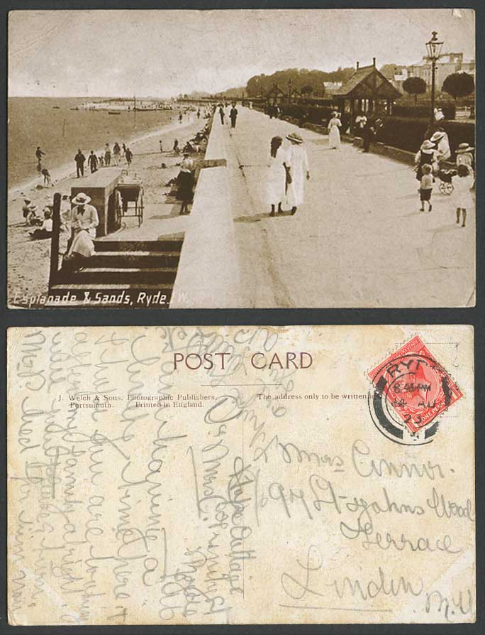 Isle of Wight 1923 Old Postcard Ryde Esplanade Sands Beach Street Scene Girl Boy