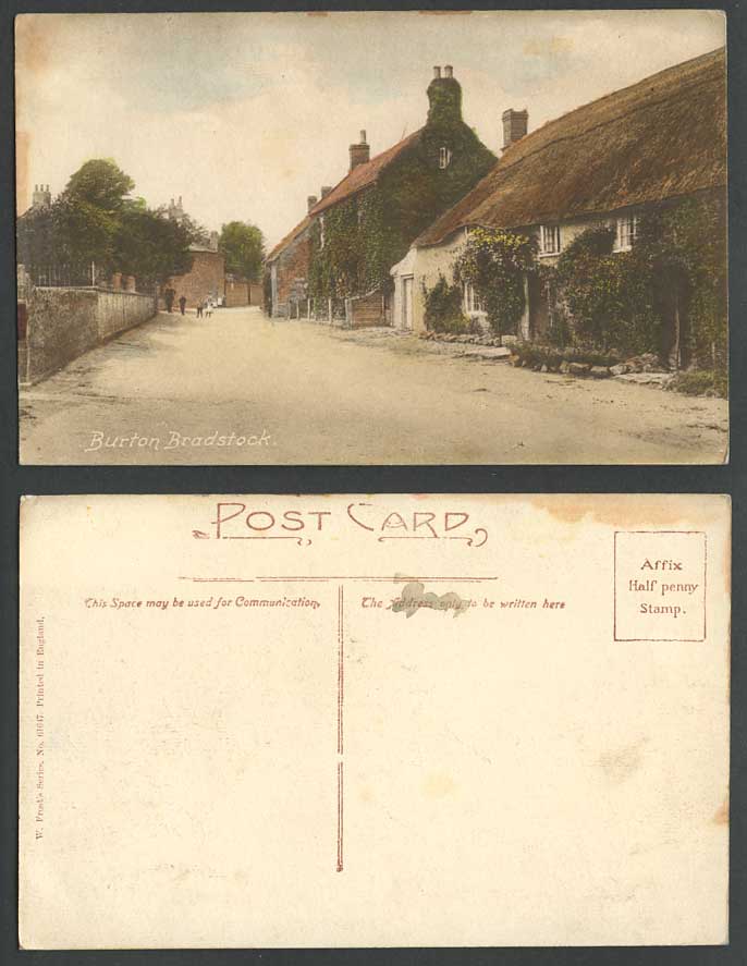 Burton Bradstock Street Scene, Thatched Cottages Dorset Old Hand Tinted Postcard