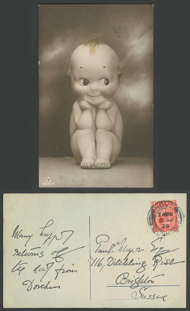 Cute Little Baby Doll with Big Eyes, Smile Children 1925 Old Real Photo Postcard