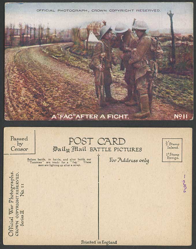 WW1 Daily Mail Old Postcard A FAG After Fight Tommies Soldiers Smoking, Military