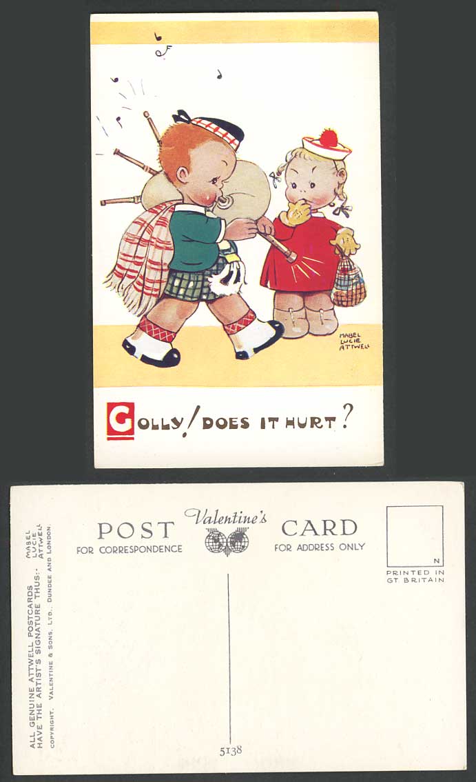 MABEL LUCIE ATTWELL Old Postcard Scottish Bagpipes Boy Golllyy Does it hurt 5138