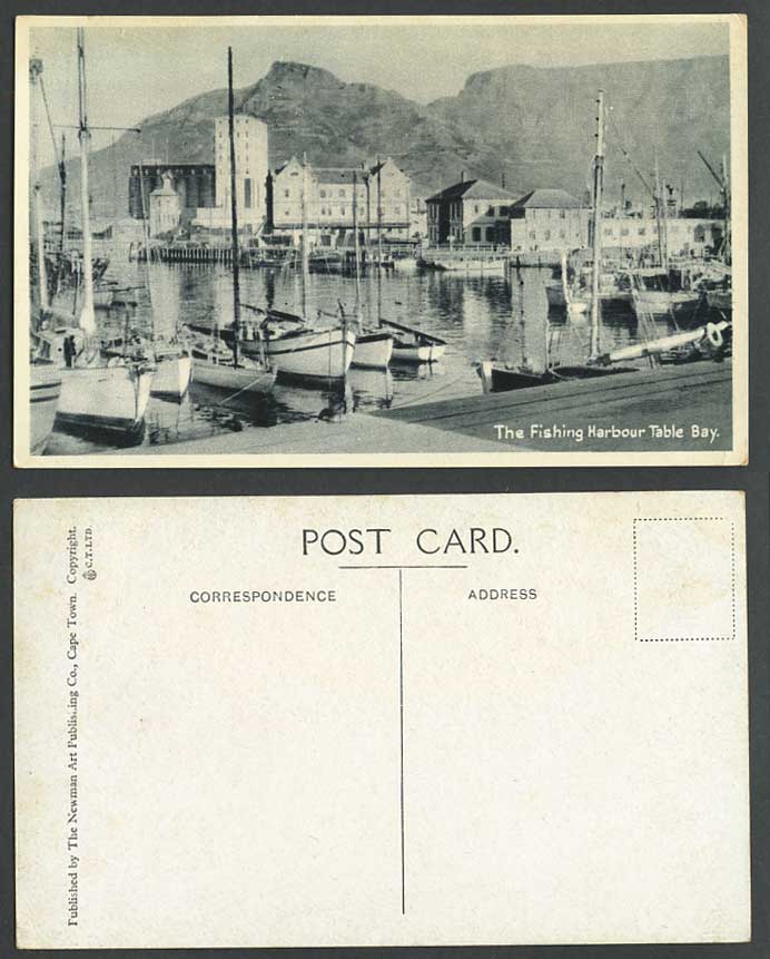South Africa Old Postcard FISHING HARBOUR, TABLE BAY, Cape Town, Boats Mountains