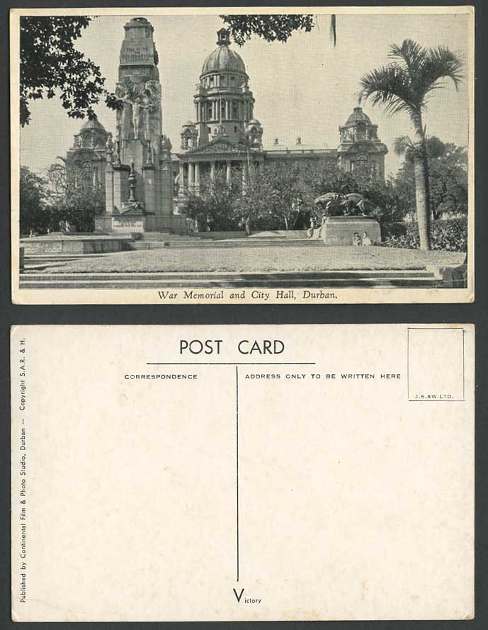 South Africa Old Postcard Durban War Memorial and City Hall, Monument, Palm Tree