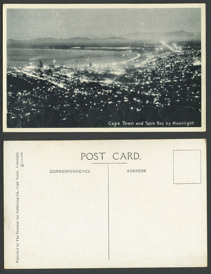 South Africa Old Postcard Cape Town & Table Bay by Moonlight, Illumination Night