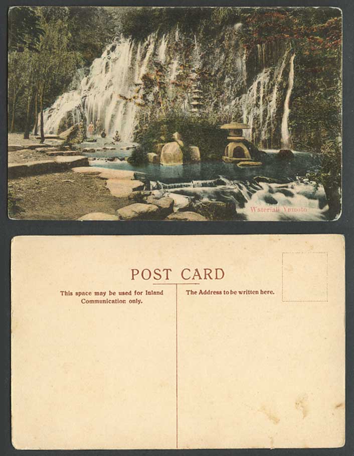 Japan Old Hand Tinted Postcard Waterfall Yumoto Stone Lantern Bather Pagoda Rock
