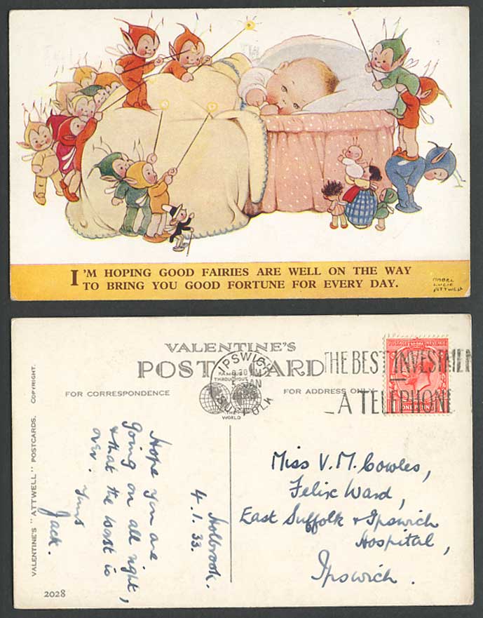 MABEL LUCIE ATTWELL 1933 Old Postcard Good FAIRIES Bring Good Fortune Elves 2028