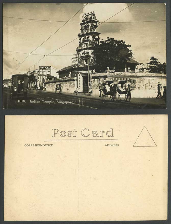 Singapore Old Real Photo Postcard Indian Hindu Temple TRAM Tramway Street Scene