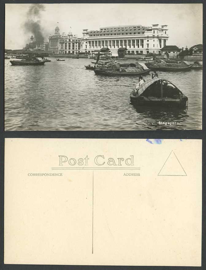 Singapore Panorama Native Sampans Boats with Cargo Bldgs Old Real Photo Postcard