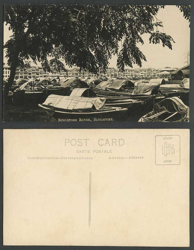 Singapore River Scene Native Sampans Boats No. 601, 392 Old Real Photo Postcard