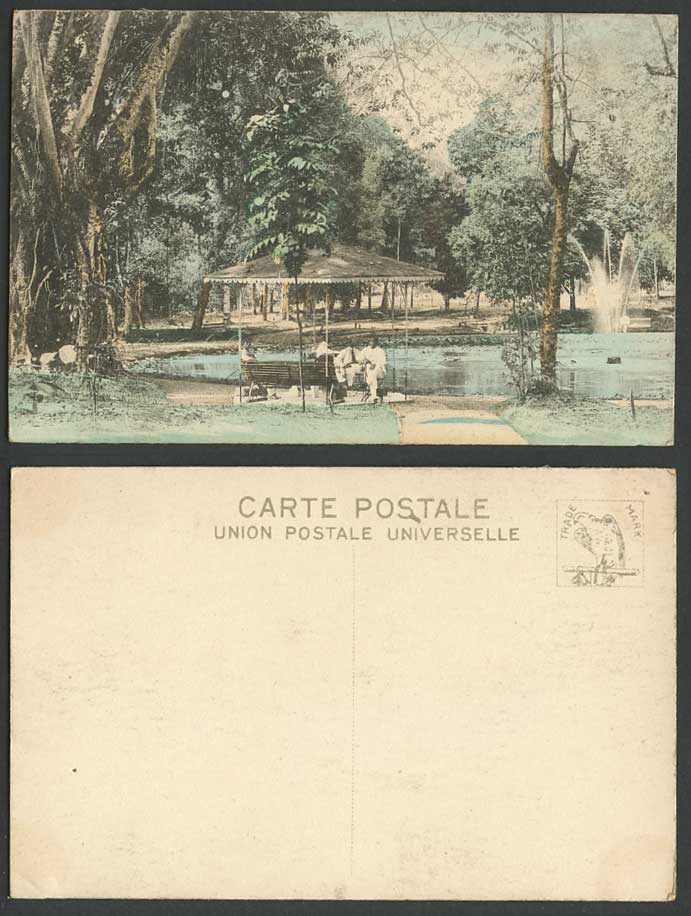 Singapore Old Hand Tinted Postcard Pavilion Fountain Lake Botanical Gardens Men