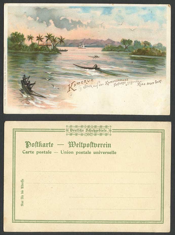 Kamerun German Cameroon River Factorei King-Aqua Dorf Village Canoe Old Postcard