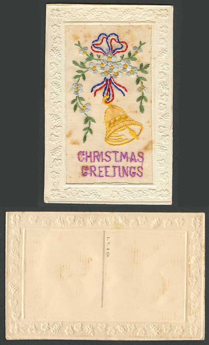 WW1 SILK Embroidered Old Postcard Christmas Greetings BELL Flowers Xmas LV & Cie