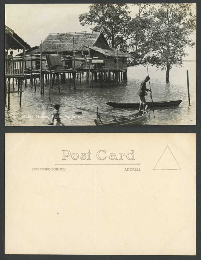 Singapore Pasir Panjang Malay Houses on Stilts Boats Men Old Real Photo Postcard