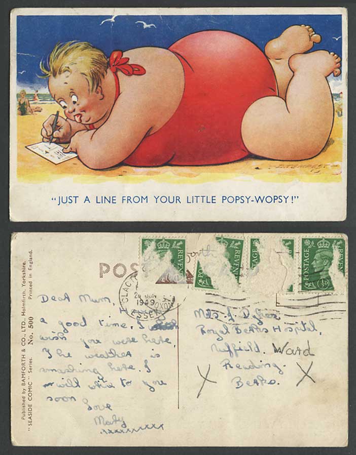 D. Tempest, Just A Line from POPSY-WOPSY 1949 Old Postcard Fat Woman Lady, Beach