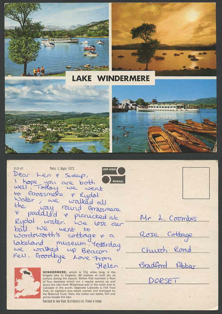 Windermere Lake Longest in England Ferry Boats Panorama Hills Multiview Postcard