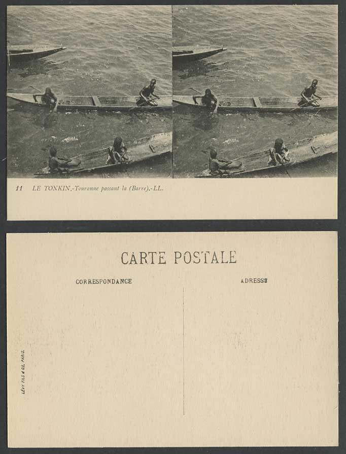 Indochina Tonkin Stereo View LL 11 Old Postcard Canoes Touranne passant la Barre