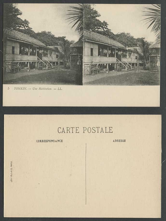 Indo-China Tonkin Stereo View L.L. 5 Old Postcard A Native House, Une Habitation