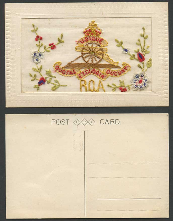 WW1 SILK Embroidered Old Postcard R.G.A Royal Garrison Artillery Flower Military