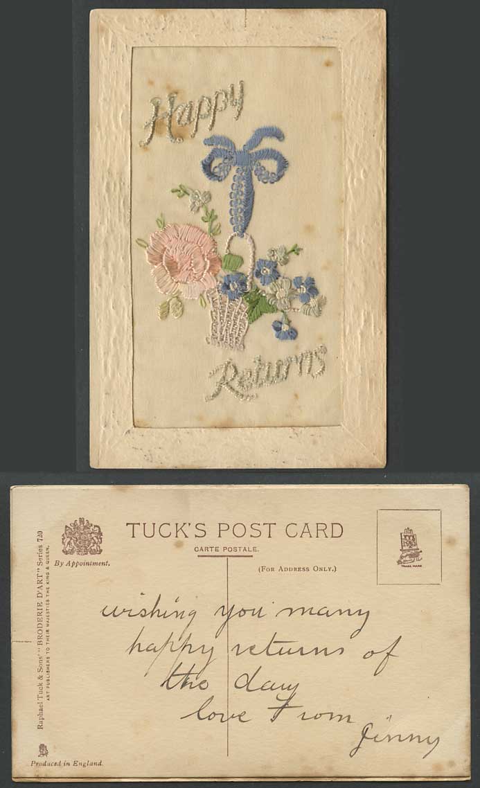 WW1 SILK Embroidered Tuck's Broderie d'Art Old Postcard Happy Returns & Flowers