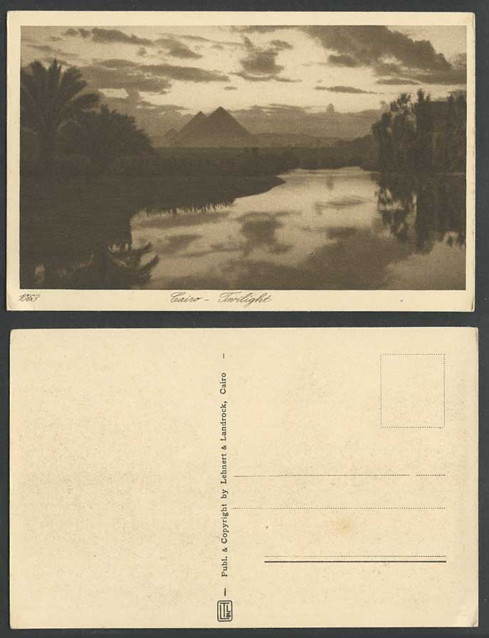 Egypt Old Postcard Cairo Twilight Pyramids, Palm Trees, Flooded Nile River Scene