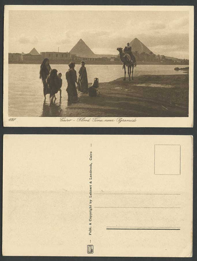 Egypt Old Postcard Cairo FLOOD TIME near Pyramids Giza Camel Rider Women Pitcher
