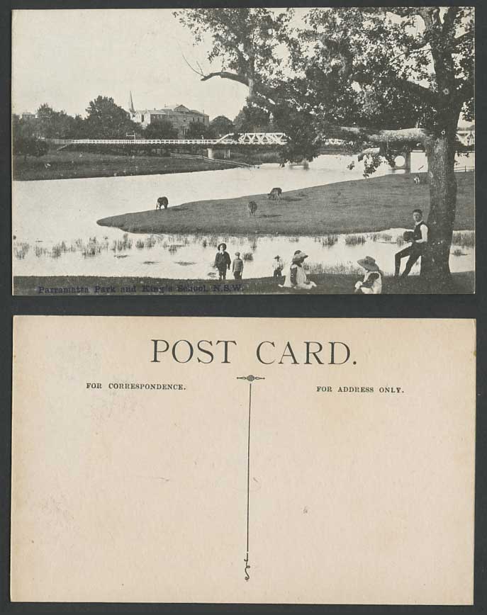 Australia Old Postcard Parramatta Park & King's School Bridge Children Deer NSW