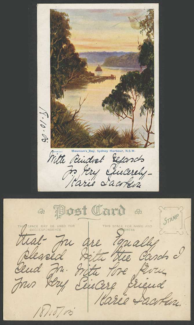 Australia 1905 Old Colour Postcard MOSMAN'S BAY, Sydney Harbour, New South Wales