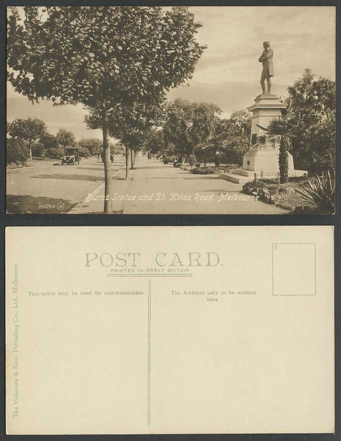 Australia Old Postcard St. Kilda Road R Burns Statue Melbourne Vintage Motor Car
