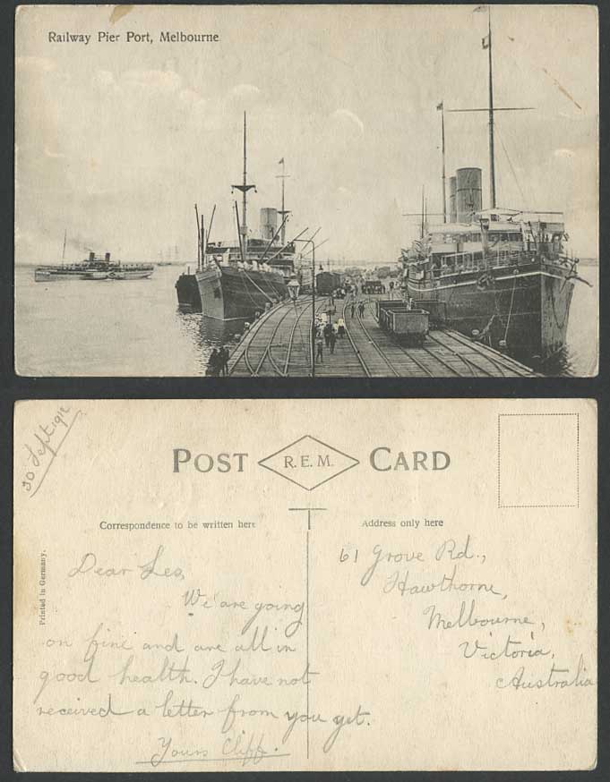 Australia 1912 Old Postcard Railway Pier Port Melbourne Train Paddle Steamer REM